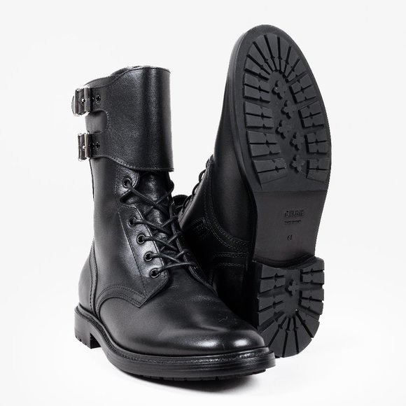 Celine Black Calf Leather Combat Boots with Buckles - Picture 5 of 13